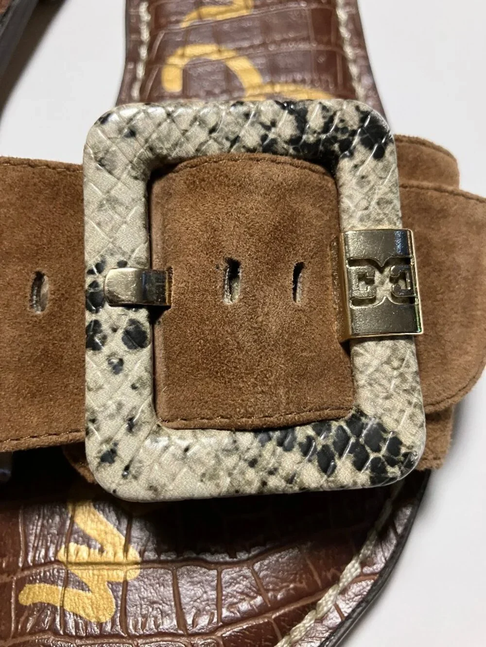 Sam Edelman Granada Suede Slide Sandals Brown Snakeskin Buckle Women's Size 6.5 - Picture 4 of 8